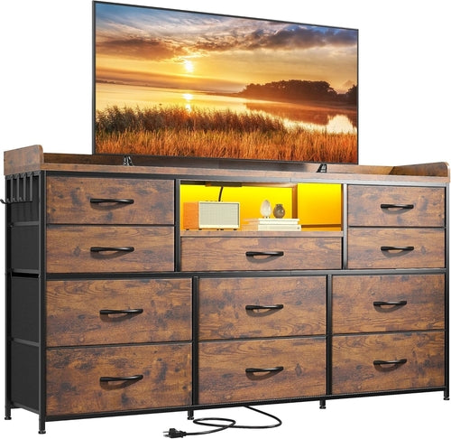 Dresser TV Stand with 11 Drawers for 60" TV Stand for Bedroom with LED