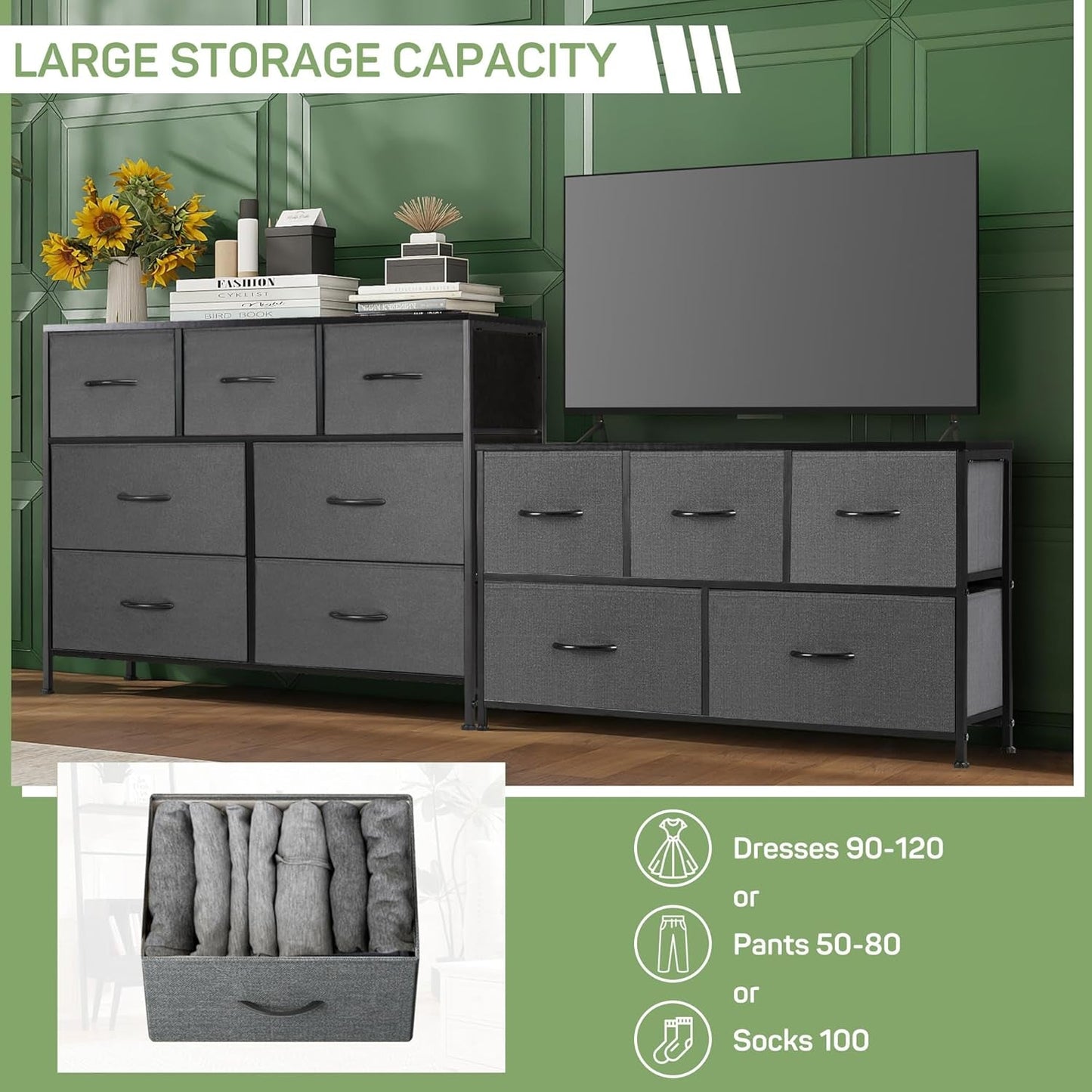 Dresser for Bedroom, 7 Storage Drawers, Anti-Tip Wide Fabric Closet