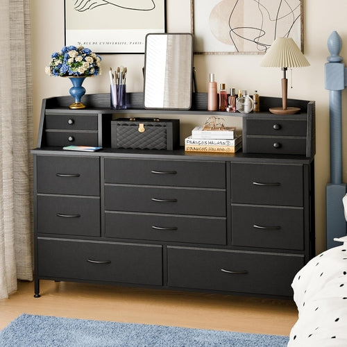 Black Nursery Dresser for Bedroom with 13 Drawers, Fabric Chest of