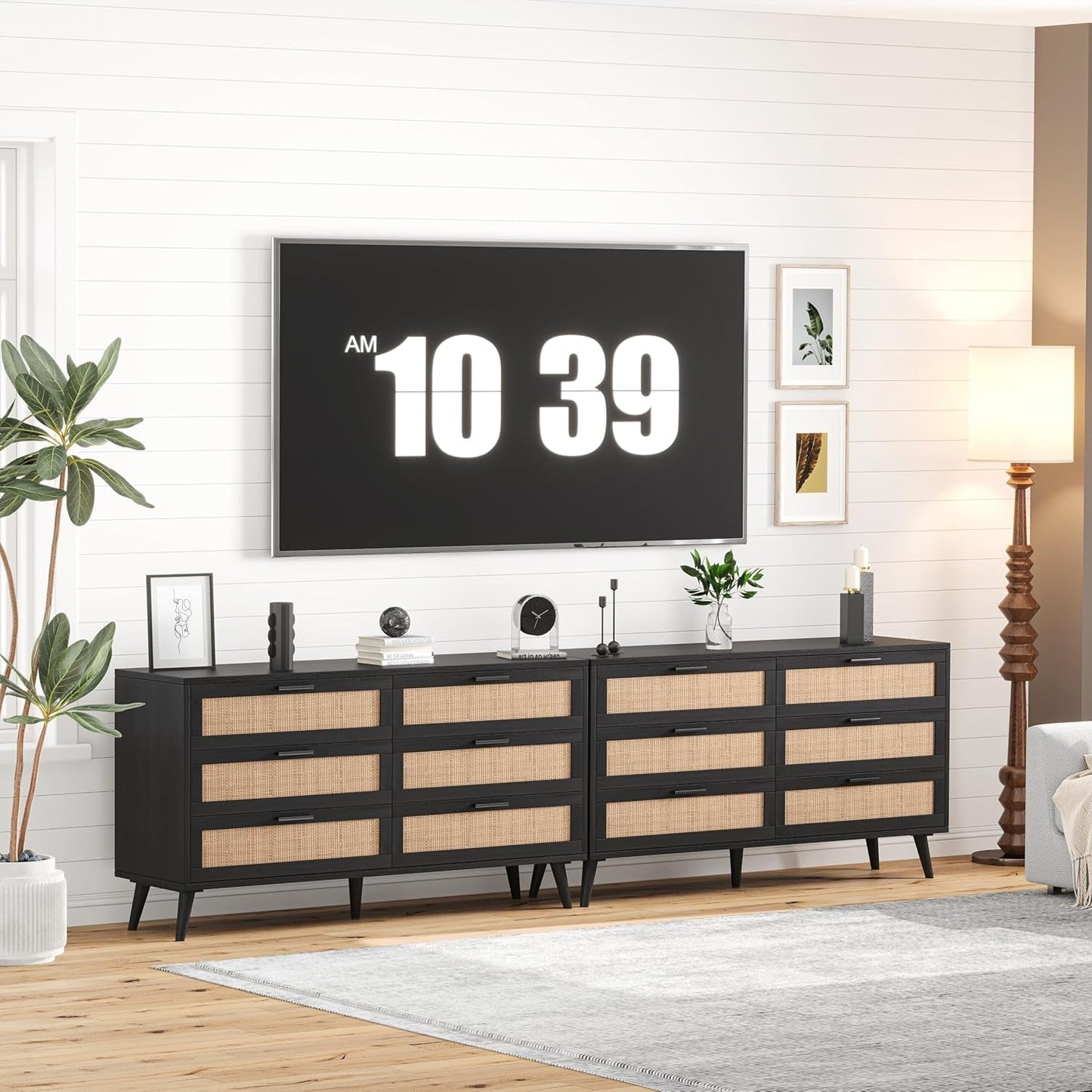 6 Drawer Double Dresser for Bedroom, Rattan Chest of Dressers, Modern
