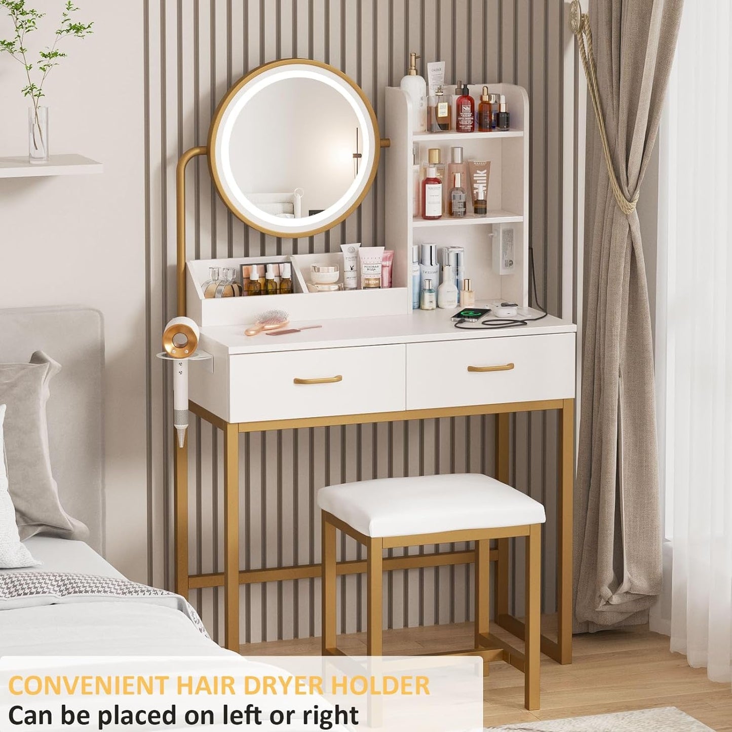 White Vanity Round Mirror, Lights, Charging, Small Bedroom