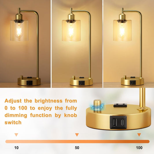 Industrial Table Lamps for Bedroom Set of 2 - Fully Dimmable Bedside