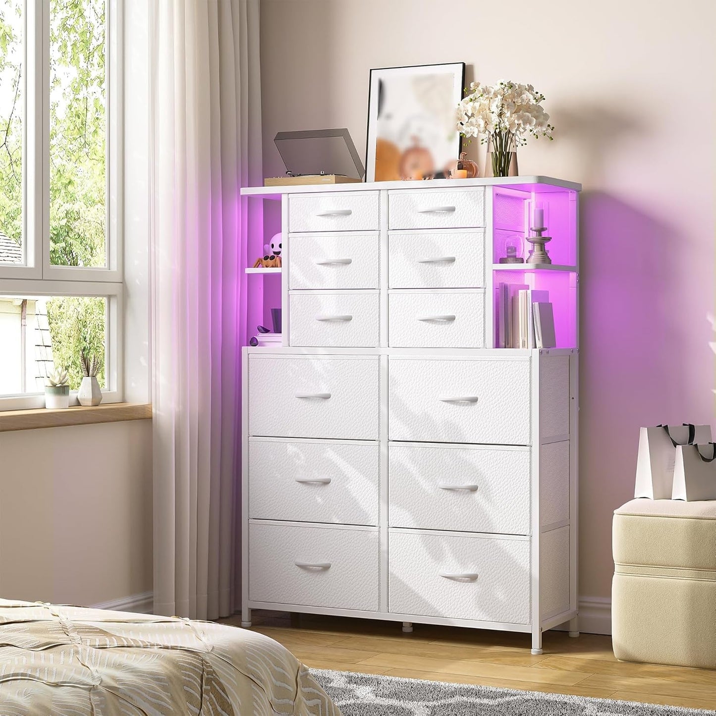 Dresser for Bedroom with LED Lights, 12 Drawers Bedroom Dresser, Black