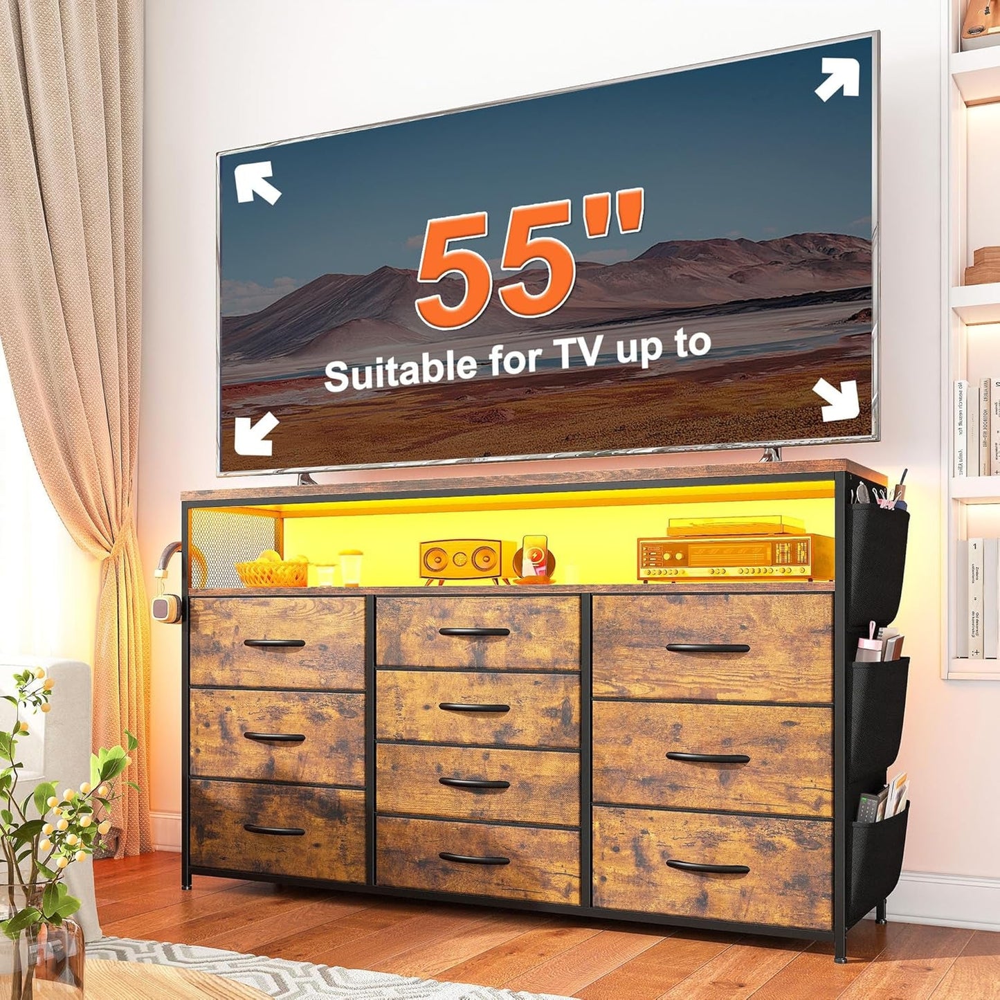 Dresser TV Stand with 10 Drawers for 55" TV Stand for Bedroom with LED