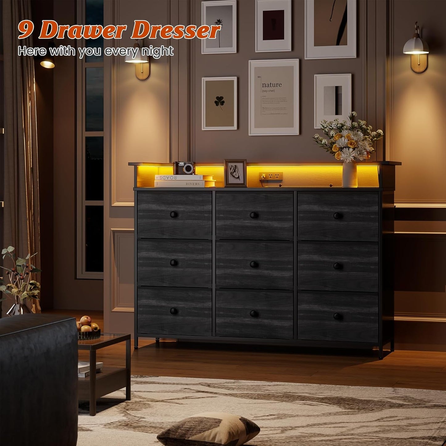 9 Drawer Dresser for Bedroom, TV Stand for Bedroom, Black Dresser with