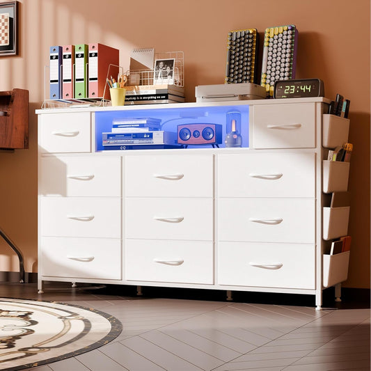 White Dresser for Bedroom with Power Outlets and LED Lights 11 Drawers